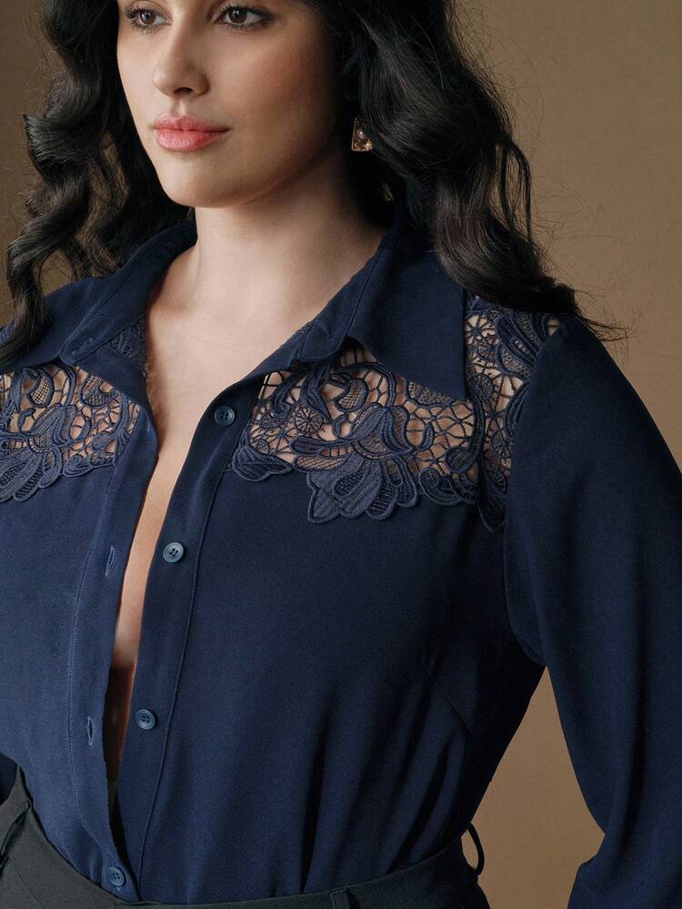 Plus Size Women Contrast Lace Long Sleeve Single-Breasted Elegant Blouse