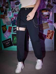 ROMWE Grunge Punk Solid Belted Chain Cut-out Pants - Black - View 4