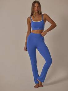 Aralina 女式双肩带镂空短款上衣和高腰紧身裤弹力健身套装 - 藍色 - 查看 4