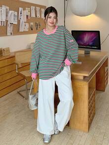 Dazy Plus Contrast Color Block Striped Loose Casual Long Sleeve T-Shirt For Plus Size Women, Spring/Autumn - Green - View 9