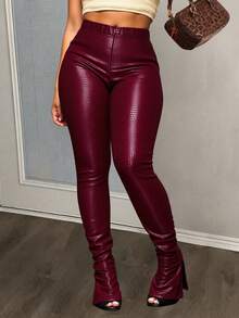 Slaydiva 2025秋冬新款街头休闲修身酒红色PU纹理面料高腰毛绒女裤，适合派对、锐舞派对、万圣节、圣诞节、夜店、俱乐部等场合，性感百搭，也适合女士早午餐穿着。 - 酒紅色 - 查看 10