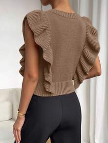SHEIN LUNE Chaleco de punto con volantes de unicolor para mujer, adecuado para ir al trabajo - Café integral - Ver 2