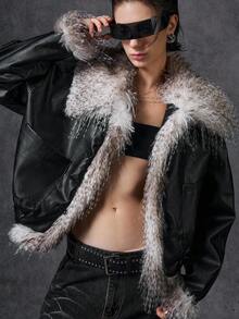 LYSMO 女士时尚毛绒拼布夹克，秋冬 - 黑色 - 查看 3