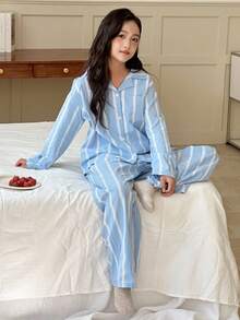 DAZY 女童条纹长袖上衣和裤子睡衣套装，秋季 - 藍色 - 查看 6