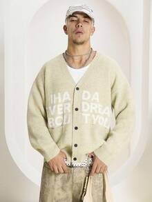 Manfinity EMRG 男士休闲字母图案开衫，秋冬，垃圾摇滚风格 - 綠色 - 查看 3