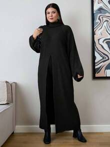 EURMUSE Plus Size Women High Neck Long Sleeve Split Hem Long Sweater - Hitam - View 4