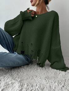 EURMUSE Women's Casual Solid Color Distressed Drop Shoulder Oversized Sweater, Autumn/Winter - Army Green - View 5