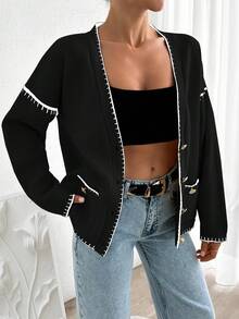EURMUSE Women Solid Color Deep V-Neck Handmade Stitch Detailed Cardigan - Black - View 3