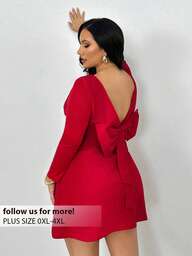 Firerie Plus Size Elegant Sexy Backless Red Mini Dress With Bow Decor, Red Dress For Women/Christmas/New Year