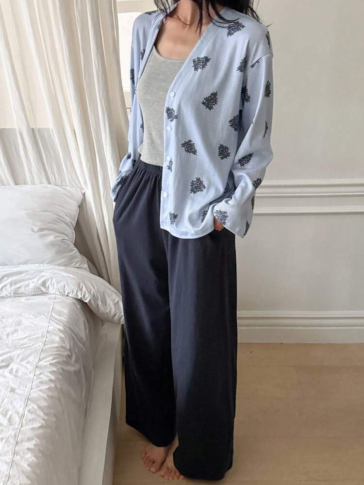3pcs Women Striped & Plants Print Button Placket Top , Camisole Top, And Pants Pajama Set, Fall Winter Clothes