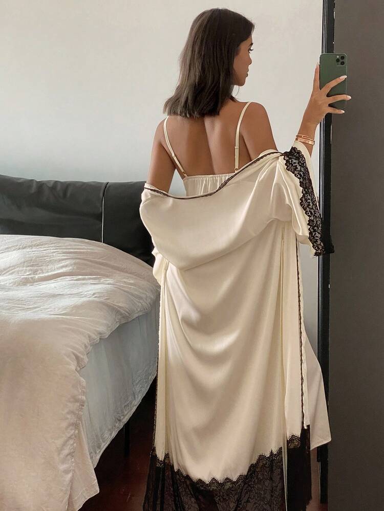 Women's Sleepwear Pajama Set: Contrast Color Lace Patchwork Belted Robe & Slip Sleep Dress Pajama Fall Winter Clothes