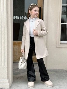 SHEIN Serisse Kids Tween Girls Classic Lapel Button Pocket Mid-Length Overcoat, Suitable For Weekend, Casual Outing, Back To School, Autumn/Winter, Girls Overcoat, Girl Coat, Tween Coat, Girls Winter Coat Fall - Khaki - View 6