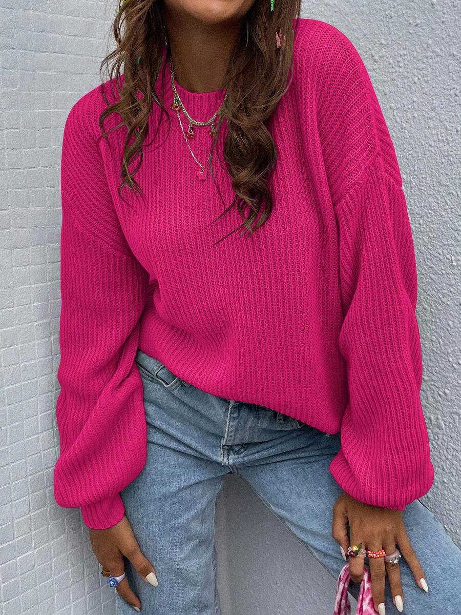 EMERY ROSE Suéter holgado de cuello caído de unicolor simple para uso diario y casual de mujer, otoño/invierno - Rosa Fucsia - Ver 1