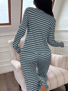 SHEIN 前开襟按扣休闲条纹印花长袖上衣和裤子女士睡衣套装，秋冬服装 - 藍色 - 查看 2