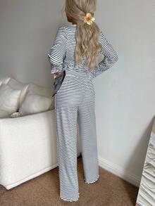 Snug Zone 女士休闲条纹印花蕾丝边方领长袖上衣和裤子睡衣套装，秋冬睡衣连体裤长袖家居服套装两件套家居服套装 - 彩色 - 查看 2