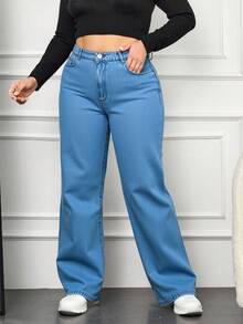 EURMUSE Plus Size Women Pockets Loose Wide Leg Casual Versatile Jeans - Baby Blue - View 1