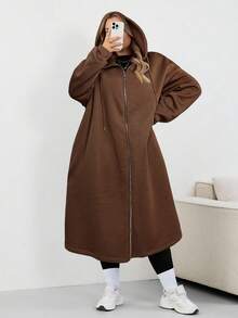 SHEIN CURVE+ 加大码女式长款连帽夹克外套，适合秋冬季女装，冬季，CURVE PLUS - 棕色 - 查看 5