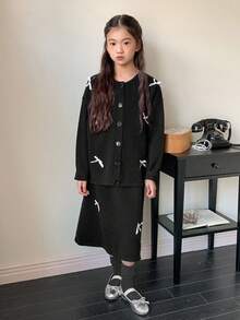 DAZY 少女蝴蝶结装饰落肩长袖针织开衫和针织迷你裙套装，秋冬季 - 黑色 - 查看 6