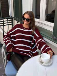 1pc Women's Black & White Striped Crew Neck Loose Fit Long Sleeve Pullover Sweater