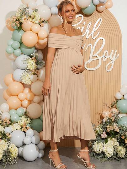 Loomaby Vestido de maternidad elegante para fiesta de unicolor con pliegues y hombros descubiertos