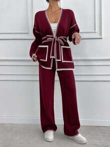 EURMUSE 2件套女士休闲撞色装饰口袋宽松开衫和裤子套装 - 酒紅色 - 查看 5