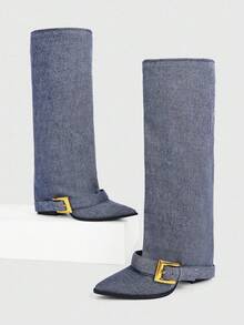 CUCCOO SZL Giày bốt cao gót đế dày mũi nhọn Cuccoo, giày bốt cưỡi ngựa gợi cảm dành cho nữ - Màu xanh lam - Xem 7