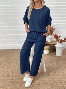 EMERY ROSE 2 Pieces Set Women's Solid Color Round Neck Pleated 3/4 Sleeve Loose Shirt And Pants Casual 2 Pieces Set Two Pieces Set Women Two Pieces Casual Set Blouse And Pants Set Comfortable Two Pieces Set 2 Pieces Set Fall Clothes For Women