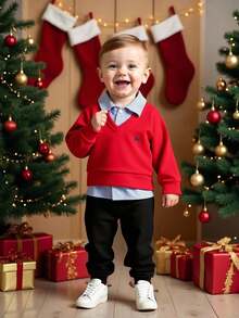 2 件套男童/幼儿男童休闲、时尚、可爱的学院风服装，适合外出、派对、上学、春/秋/冬 - 紅色 - 查看 1