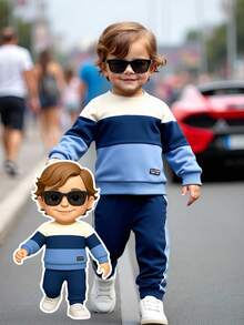 2pcs/Set Young Boy Blue Thick Thermal Lined Color Block Patchwork Crew Neck Long Sleeve Hoodie And Jogger Pants Tracksuit Set, Autumn/Winter Fall