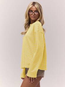 MUSERA Long Sleeve Striped Button Down Oversized T-Shirt Fall Autumn Old Money Cute Country Cottage Core Casual Lounge Top For Women Butterscotch Elegant Holidays Spring Summer - Yellow - View 3