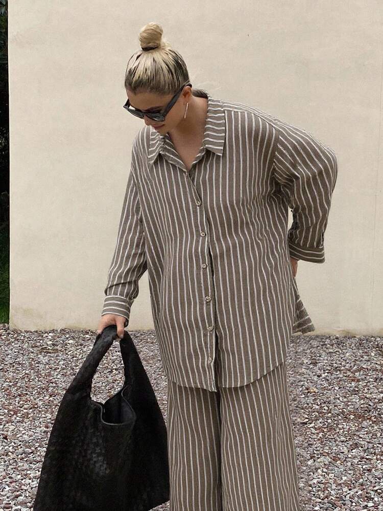 Women's Casual Commuter Striped Shirt And Pants 2 Pieces Set Lounge Sets For Women