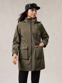 OutZeal 女士防水可拆卸帽拉链口袋抽绳腰带长款户外外套，适合秋冬季徒步露营 - 軍綠色 - 查看 8