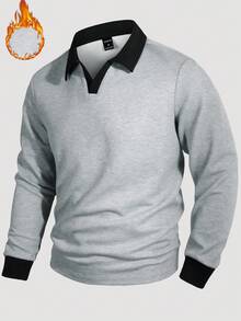 Manfinity Homme 男士休闲通勤撞色长袖Polo衫，时尚上衣，V领日常休闲上衣，适合周末旅行、户外活动、探险旅行、轻松的工作环境或半正式场合，也是送给男友/丈夫、周年纪念日和秋季的理想礼物。 - 灰色 - 查看 8