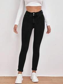 SHEIN Frenchy 高腰斜口袋紧身黑色牛仔裤 - 黑色 - 查看 3