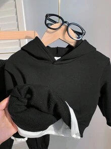 SHEIN Leap Crew 2 件装男婴/女婴百搭蓝白休闲连帽衫和宽松长裤套装，适合秋冬季，适合上学、居家或户外 - 黑色 - 查看 8