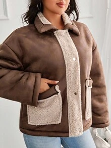 EURMUSE Jachetă cu nasturi în culoare solidă, mărime plus - Maro - Vizualizare 6