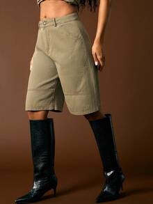 Vixey Casual Contrast Stitch Low Waist Jean Shorts - Army Green - View 4