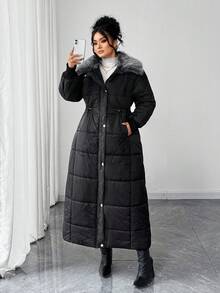 Elenzga Plus Size Women's Fashion Versatile Commute & Casual Cinched Waist Slimming Long Sleeve Thick Cotton Jacket With Detachable Fur Collar, Autumn/Winter - Black - View 3