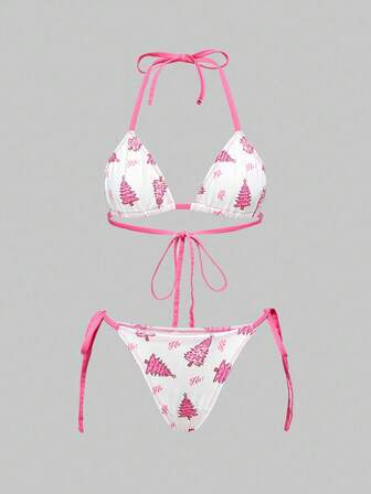 Kawaii Ensemble de lingerie avec brassière et string à lacets avec motif d'arbre de Noël mignon pour femmes