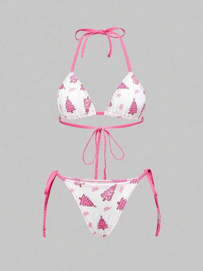 Kawaii Women's Cute Christmas Tree Lace-Up Bralette And Thong Lingerie Set