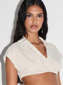 KIZN Wrap Front Cropped Top With Collar Button Up Blouse Wide Short Sleeves Summer Spring Casual Office Career Workwear - Apricot - View 6
