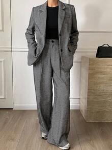 Livesso Women's Loose Business Casual Suit Set, Includes Straight Leg Pants And Gray Blazer, Elegant Office Wear For Autumn/Winter Lounge Sets For Women - Dark Grey - View 6