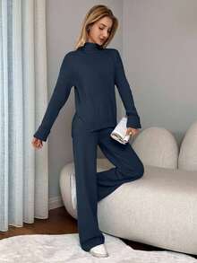 EURMUSE 2pcs Women Sets - Stand Collar Drop Shoulder Long Sleeve Sweater And Long Pants, Casual - Teal Blue - View 4