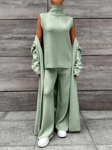 EURMUSE Bộ trang phục 3 món áo len cổ lọ màu trơn thường ngày cho nữ, áo len cardigan dài và quần dài, mùa thu/đông - Màu xanh Bạc hà - Xem 5