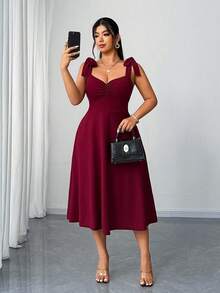 Elenzga Plus Size Women's Elegant Romantic Ruched A-Line Camisole Dress, Red, Spring/Autumn - Burgundy - View 4