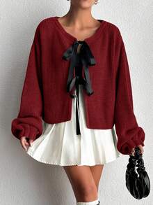 EURMUSE Women's Dropped Shoulder Long Sleeve Bowknot Knit Cardigan - Burgundy - View 5