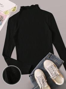 SHEIN EZwear 女式大码针织罗纹 T 恤 - 黑色 - 查看 1