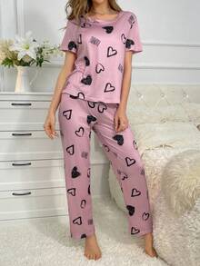 Heart Print PJ Set / Pajama Set - Multicolor - View 5