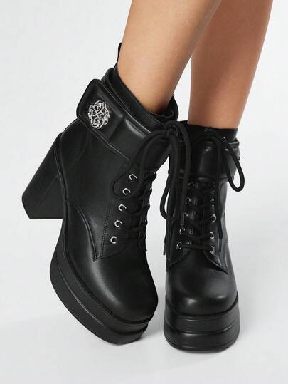 Grunge Punk Damen Outdoor Runde Zehenkappe PU geformte Sohle Gold Knopf Dekor Schwarz PU Stoff Mode Minimalistisch Komfortabel Täglich Party Seitlicher Reißverschluss Knöchel Stiefel