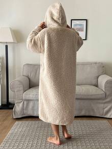 DAZY 女士加厚抓绒连帽长袍，冬季保暖蓬松 - 駝色 - 查看 2